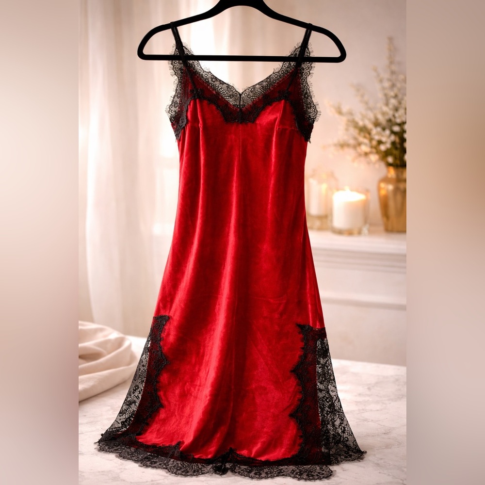 Red Stretch Velvet Lace Trim Midi Slip Dress • Side Slits • NWOT matching Thong